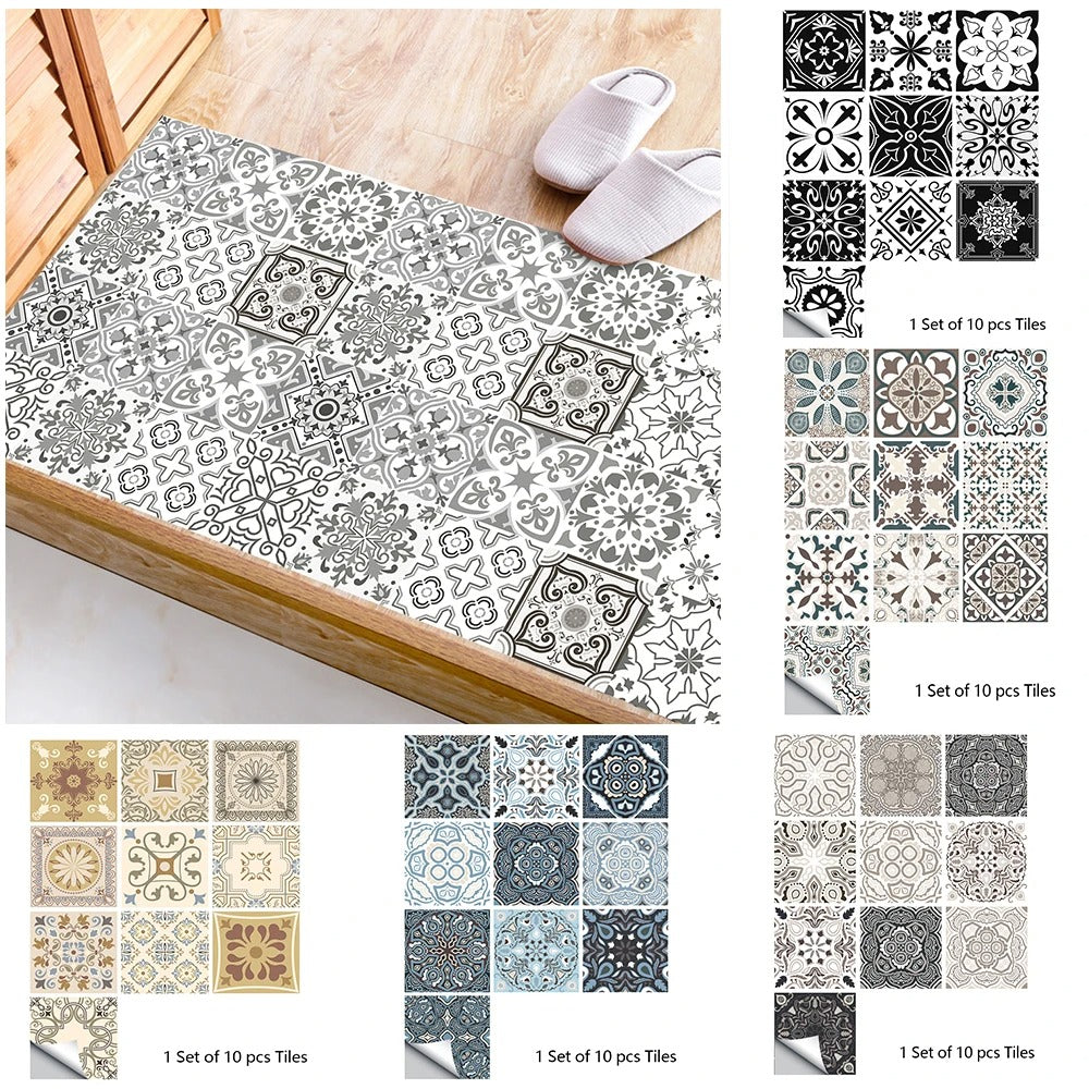 10Pcs Retro Pattern Matte Surface Tiles Sticker Kitchen Bathroom Tables Floors Art Decals