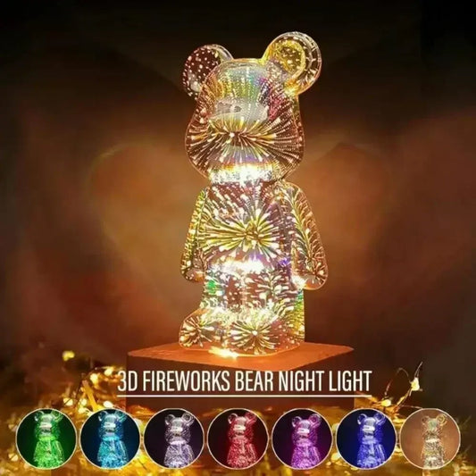 3D Fireworks Bear Night Light Projection Colourful Lamp for Home Decor Bedroom, Office, Desk, Table Glass Three-Dimensional Variable Colour Night